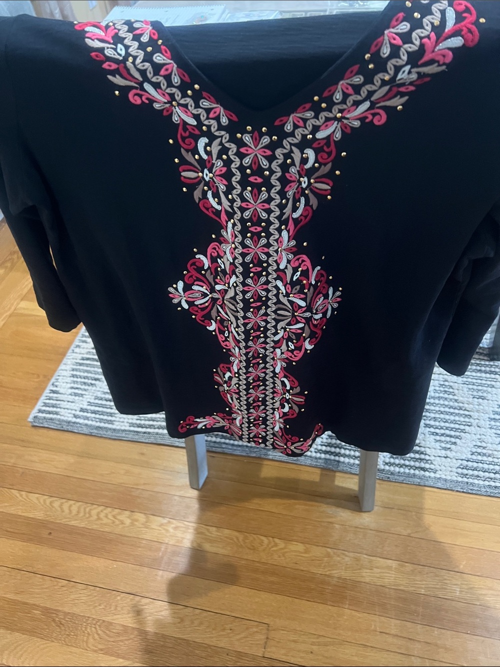 JM Collection Black Tunic with Pink & White Embroidered Back